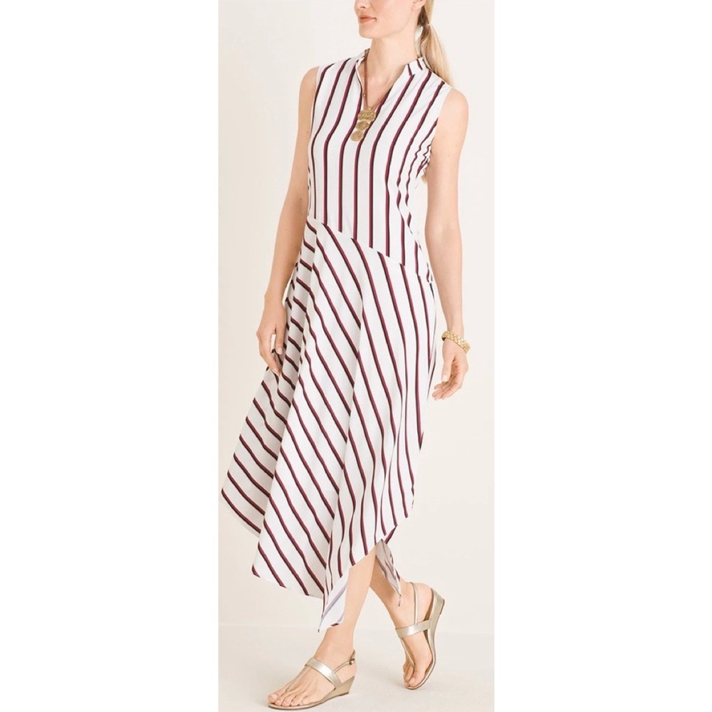 NEW Chico's STRIPED ASYMMETRICAL HEM MIDI DRESS